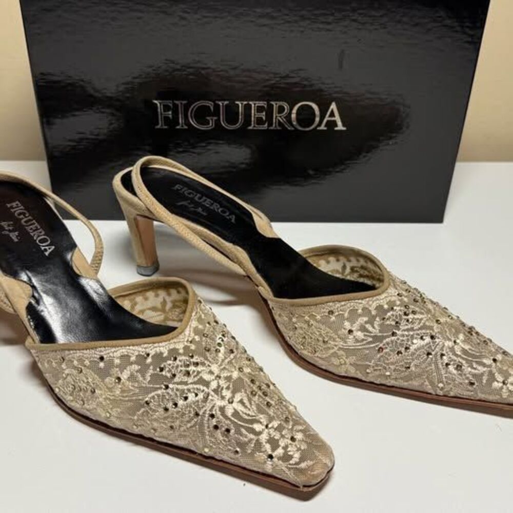 Vintage Bernard Figueroa Lace & Crystal Slingback Kitten Heels with Box